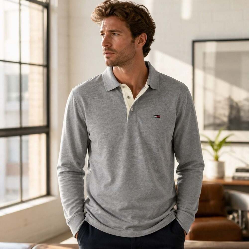 Tommy Jeans Men's Grey Long Sleeve Polo Shirt XL